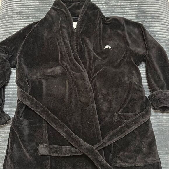 Tommy Bahama Bath Robe Black Plush Fleece Belt Pockets Men’s S/M - Picture 1 of 9